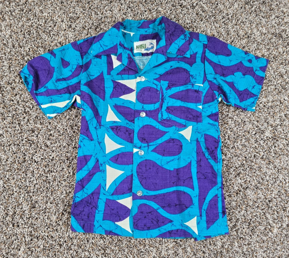 Vtg 1970s Kaku Hawaii Boys Sz M Barkcloth Camp Hawaiian Shirt Bright Blue